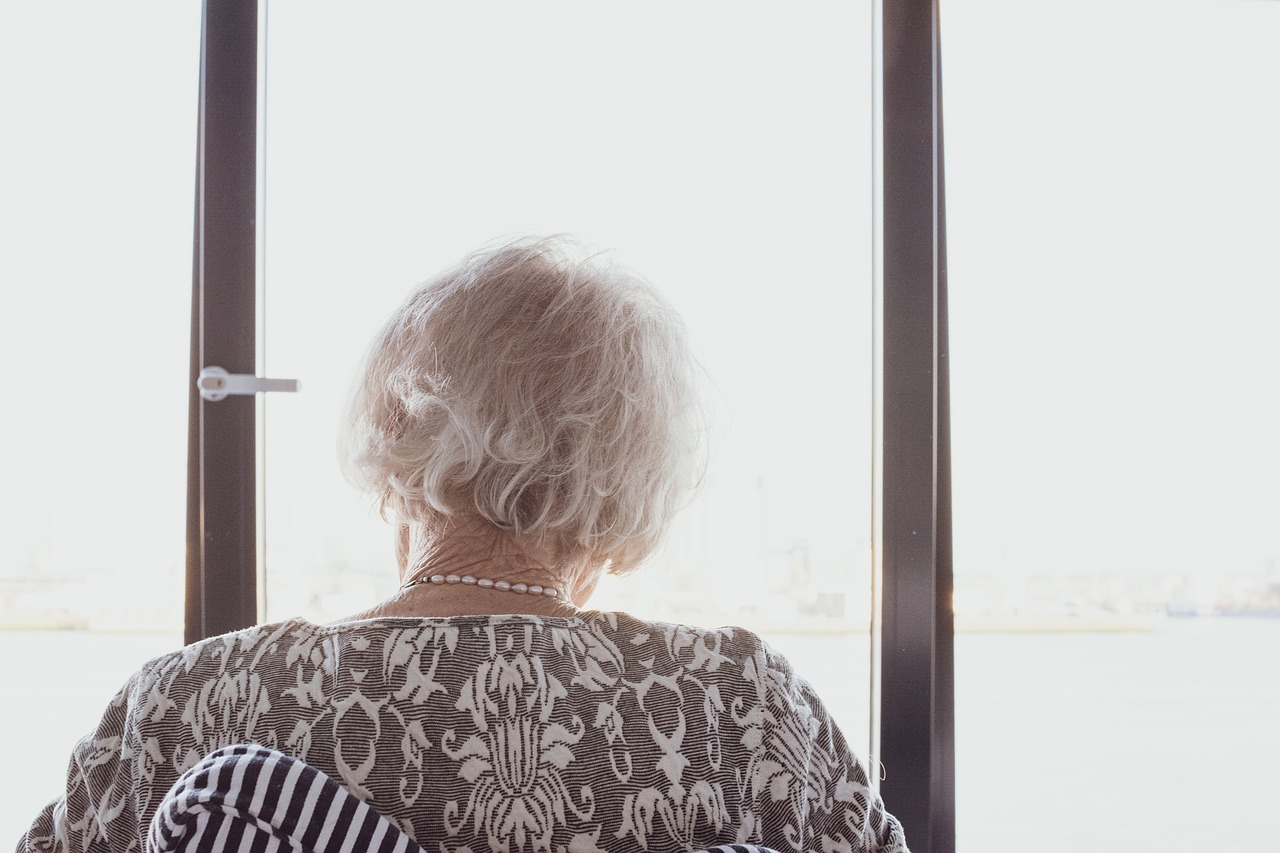 Elderly woman pictured from behind gazing out of window
